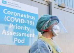 An emergency department nurse during a demonstration of the Coronavirus pod and Covid-19 virus testing procedures set-up at Antrim Area Hospital in County Antrim