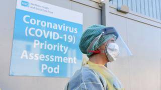 An emergency department nurse during a demonstration of the Coronavirus pod and Covid-19 virus testing procedures set-up at Antrim Area Hospital in County Antrim